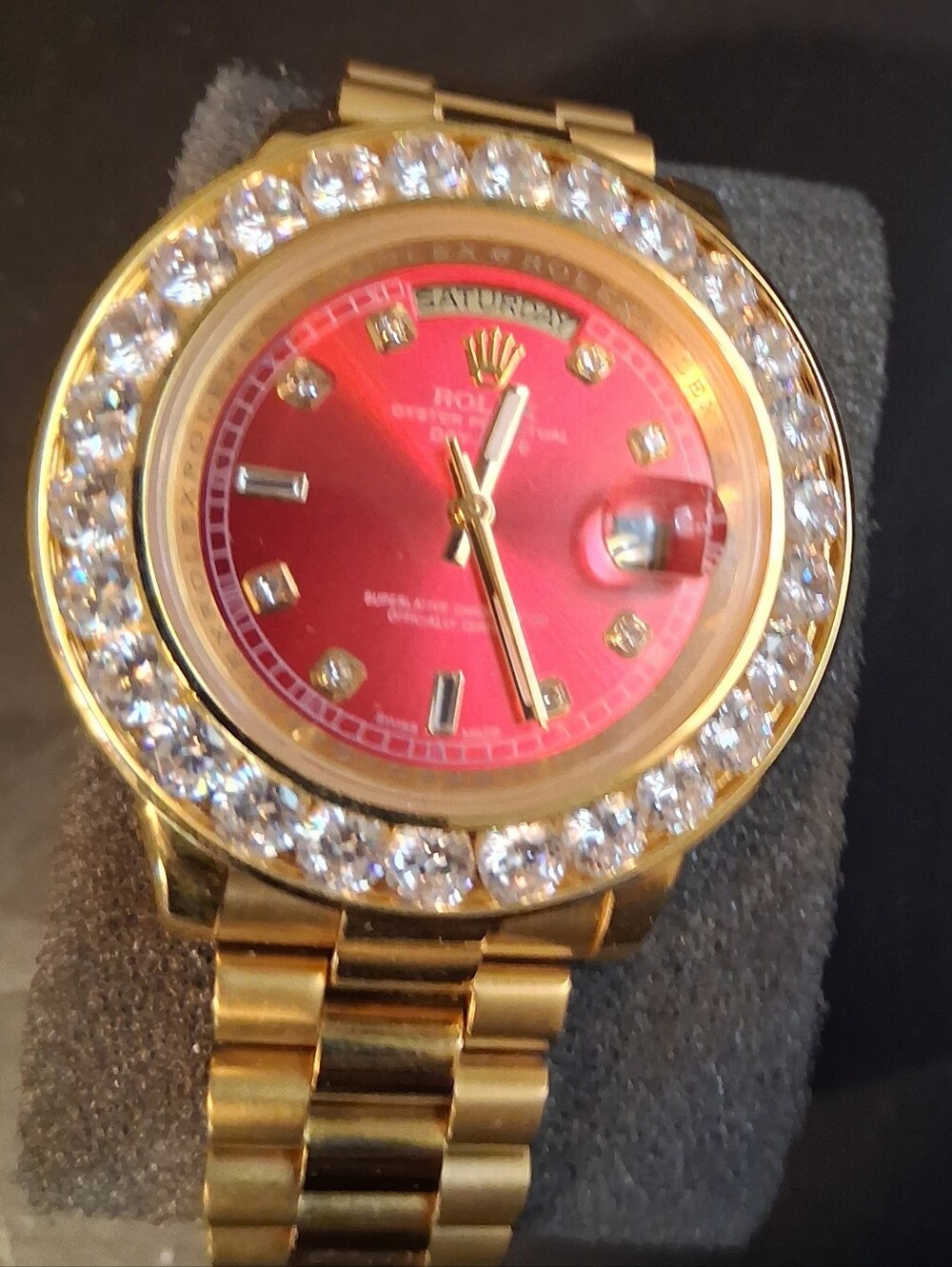 Bling Watch Day Date Gold Tone Watch with Red Dial and Crystal Bezel